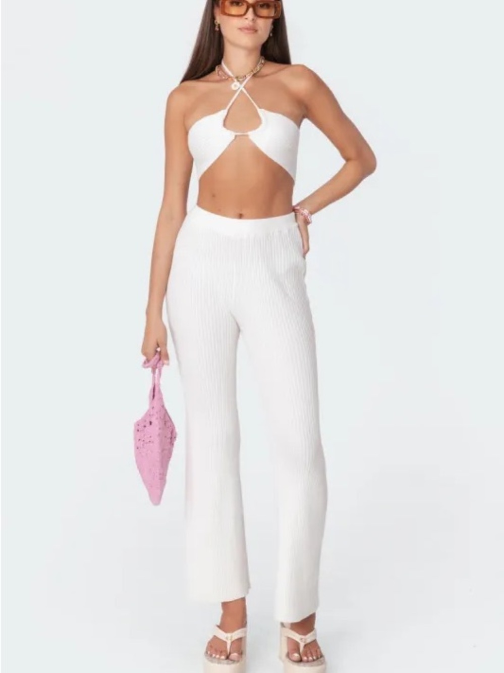 Kyra Edikted Festival Top and Flare Bottoms Set in Beige LIKE NEW